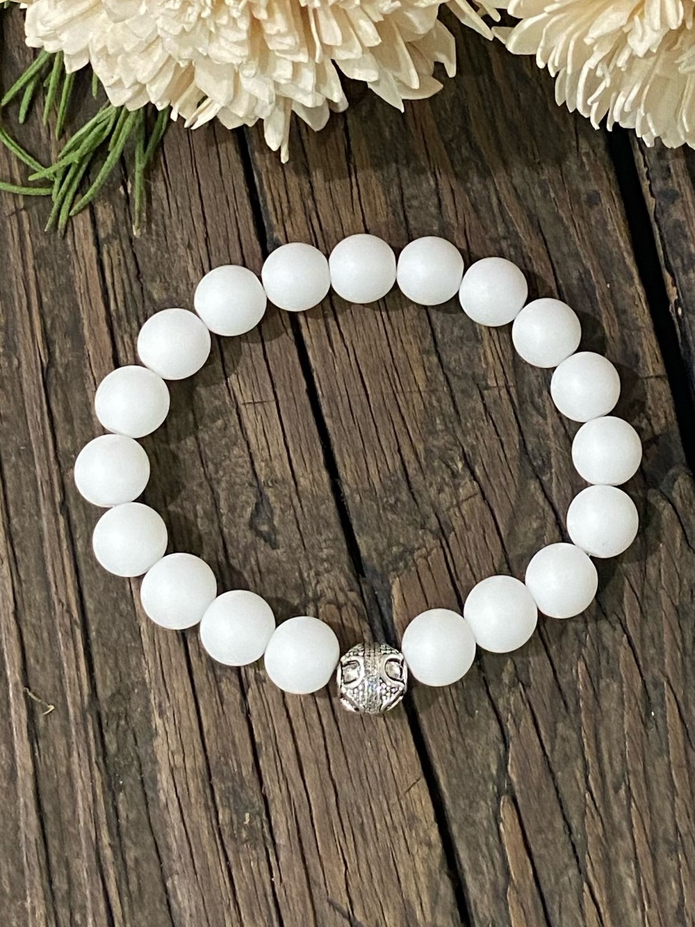 Matte White Beaded Stretch Bracelet with Silver Bali Bead, Unisex